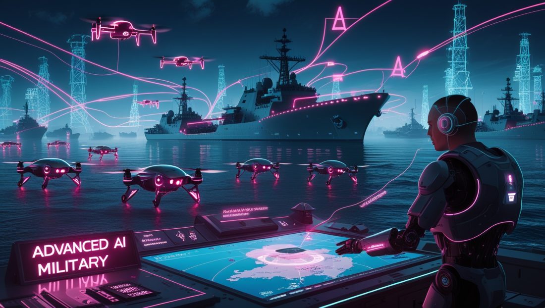 "Digital illustration in dark midnight blue and neon pink tones showing a neon sign reading 'Advanced AI Military Robotics.' A holographic console projects autonomous drone swarms, submarine-hunting robots, and robotic soldiers with real-time tactical overlays. A naval port with stealth ships glows in the background under a dystopian skyline filled with floating military data clouds, symbolizing the fusion of AI robotics and generative AI in modern warfare