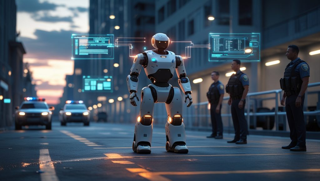 A futuristic city street at dusk where a robotic police unit stands alert, surrounded by digital interface overlays showing data analysis. Human officers observe from a distance, emphasizing the contrast between automated systems and human judgment. Military-style vehicles are subtly visible in the background, suggesting the increasing militarization of public safety. The scene is tense but non-violent, highlighting ethical concerns about robotic policing.