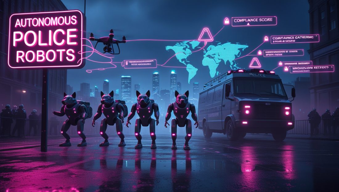 Title image showing 'Autonomous Police Robots' in bold text with a dark background, representing the dangers of AI in law enforcement