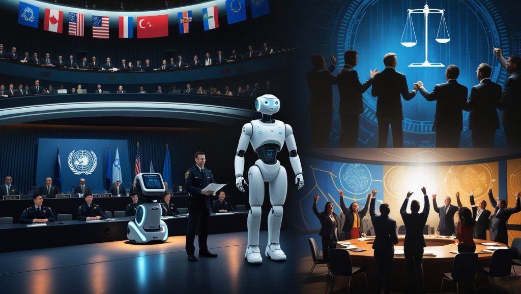 Illustration of global efforts to regulate autonomous weapons, including a UN debate, a robot and human operator working together, a bomb squad robot inspecting a package, and a community hearing on surveillance technology