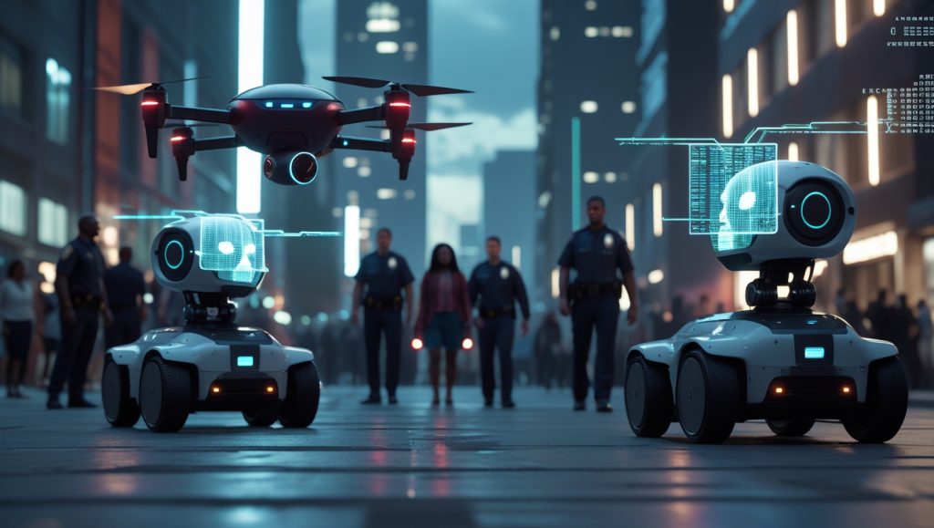 Futuristic urban scene showing autonomous police robots scanning pedestrians with facial recognition, misidentifying a woman of color as a threat, highlighting AI bias and lack of human judgment in law enforcement.