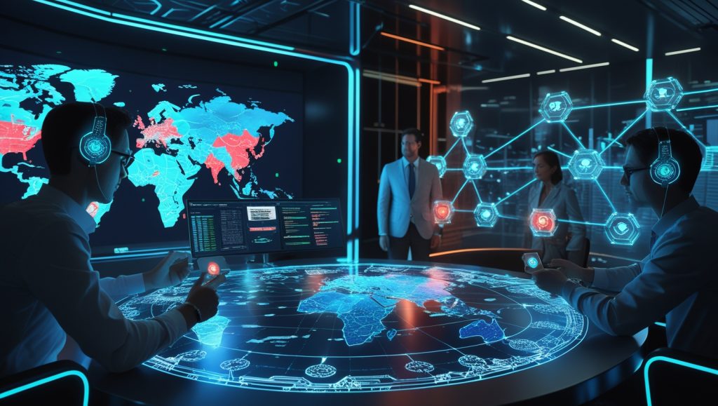 Futuristic cybersecurity command center where humans and AI collaborate using holographic interfaces, simulating cyber war games, displaying federated learning nodes, and sharing threat intelligence in a global, zero-trust environment.