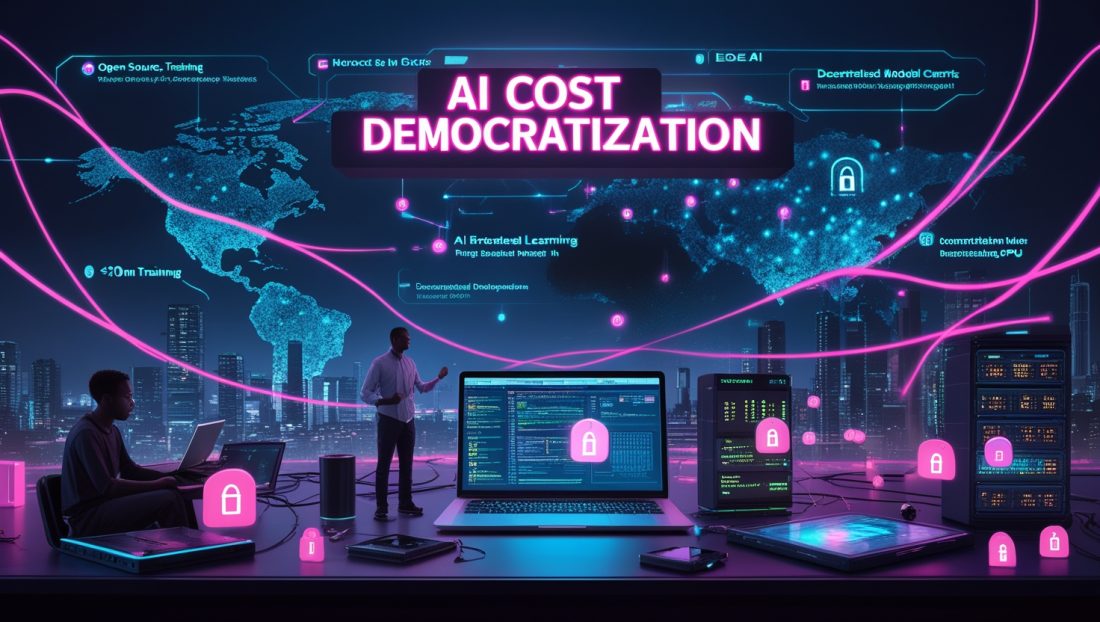 Illustration showing global AI cost democratization in 2025, with diverse innovators using open-source tools, no-code platforms, edge AI devices, and federated learning across regions like Africa and Asia, all connected by neon data streams symbolizing low-cost, ethical, and decentralized AI innovation.