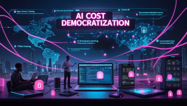 Illustration showing global AI cost democratization in 2025, with diverse innovators using open-source tools, no-code platforms, edge AI devices, and federated learning across regions like Africa and Asia, all connected by neon data streams symbolizing low-cost, ethical, and decentralized AI innovation.