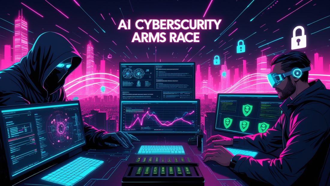 Illustration of the AI Cybersecurity Arms Race showing a neon-lit digital battlefield with attackers using generative AI for phishing, and defenders using explainable AI and real-time threat maps; a city under DDoS attack and secure data vault highlight the 2025 cybersecurity showdown.