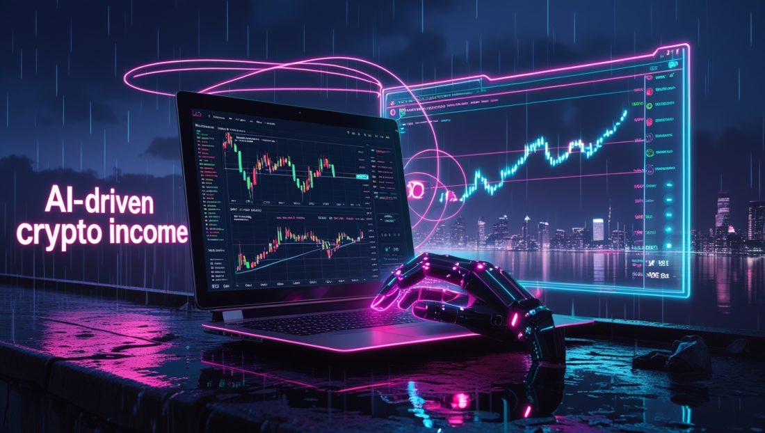 AI-Driven Crypto Income – A futuristic setup featuring a sleek laptop displaying TradingView crypto charts, glowing AI trade signals, and virtual trading tools like Cryptohopper and 3Commas, all set against a neon-lit cityscape symbolizing automated crypto earnings in 2025.