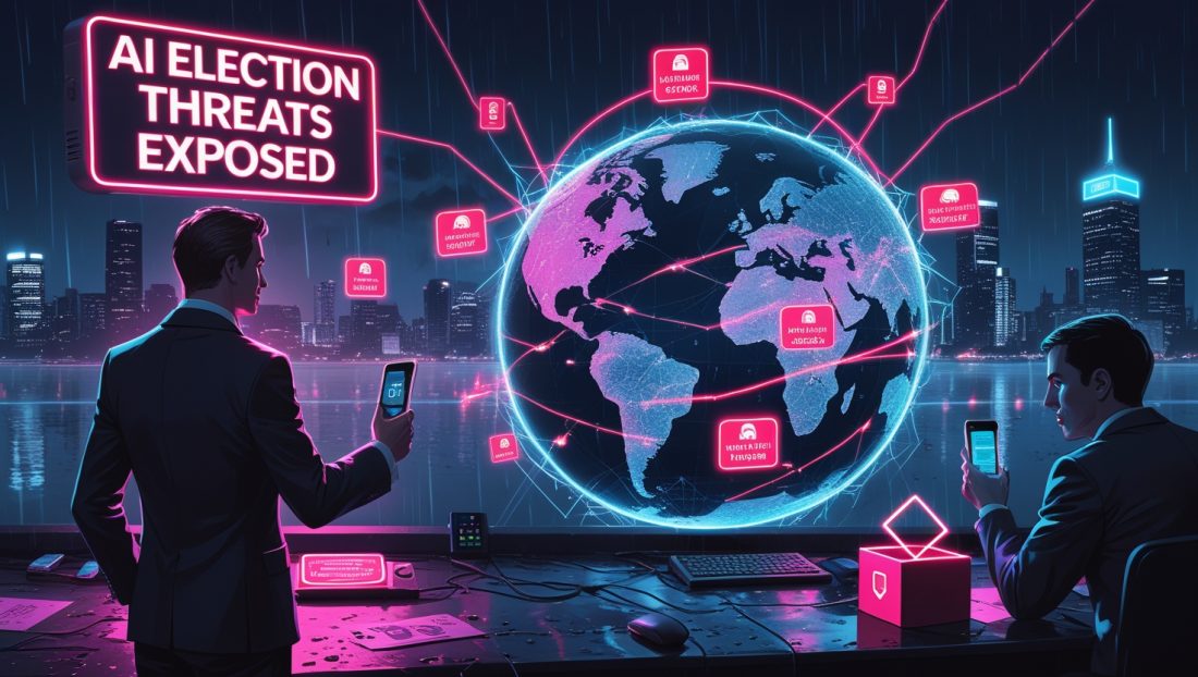 "AI Election Threats Exposed" in bold dark orange text on a dark, dramatic background representing political and technological tension, with visual cues like glitch effects, digital overlays, or election symbols subtly blended to hint at deepfakes, misinformation, and AI disruption.