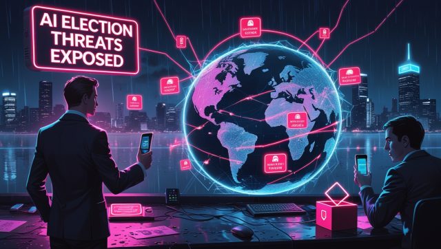 "AI Election Threats Exposed" in bold dark orange text on a dark, dramatic background representing political and technological tension, with visual cues like glitch effects, digital overlays, or election symbols subtly blended to hint at deepfakes, misinformation, and AI disruption.