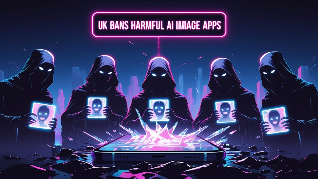 AI Nudification Apps Ban UK – cyberpunk-style illustration with neon sign 'UK Bans Harmful AI Image Apps,' shattered phone projecting ghostly figures holding AI-generated images