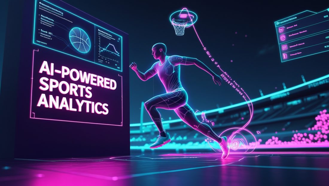 Futuristic sports stadium with AI data overlays and athletes mid-action, representing AI-powered sports analytics revolutionizing talent scouting, performance, and fan engagement.