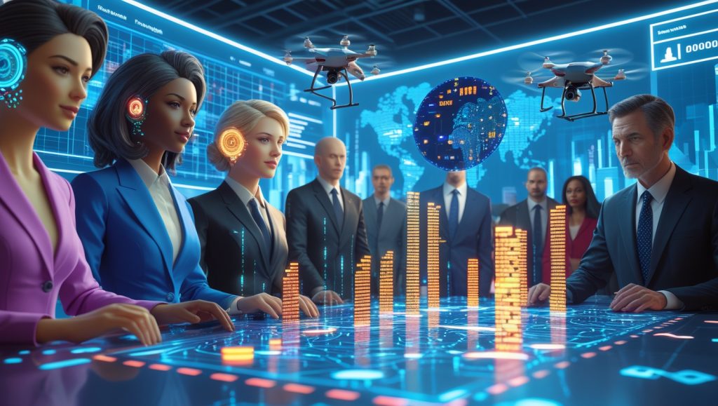 Futuristic political campaign scene with AI avatars interacting with holographic voter profiles, data streams customizing messages, and an AI voice-cloning booth broadcasting speeches, symbolizing both innovation and risks in AI-driven elections.