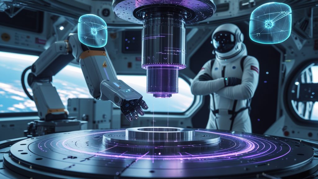 Zero-gravity space station where AI-powered robots inspect a 3D-printed part for microfractures using floating sensor drones and holographic overlays, with Earth visible in the background and an astronaut overseeing the process.