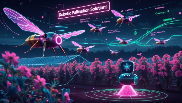 Banner with the text "Robotic Pollination Solutions" in dark orange, set against a tech-inspired backdrop symbolizing agriculture, featuring drone pollinators, robotic bees, and greenhouses — representing the fusion of technology and nature in modern farming.
