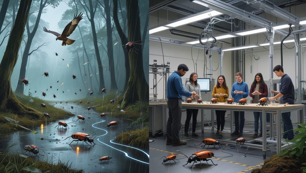 Biohybrid insect swarm navigating a humid forest while evading predators with ultrasonic deterrents; nearby, engineers test durable exoskeletons in a lab, and students build cyborg insect kits as part of an educational outreach program.