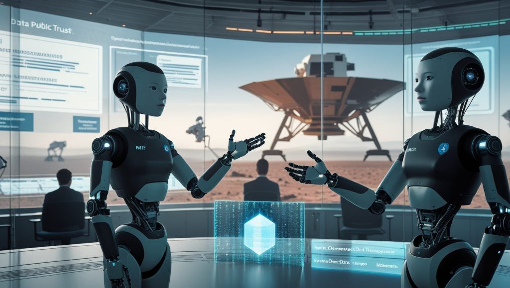 "Humanoid robots in a futuristic lab illustrate challenges in AI ethics and data transparency, with one gesturing toward a data hologram as humans observe. A Mars lander and a robotic factory floor in the background contrast Earth-based robotics with space ambitions."