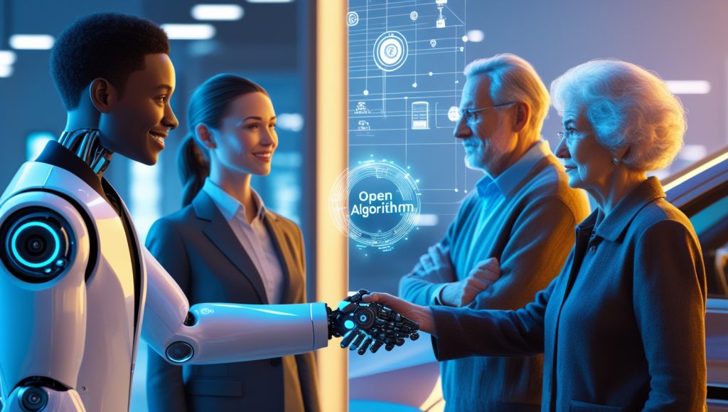 A futuristic car showroom with a Gen Z customer confidently interacting with a humanoid robot salesperson, while an older couple watches with skepticism. The scene highlights generational trust differences, with data visuals and algorithmic overlays suggesting AI-driven recommendations.