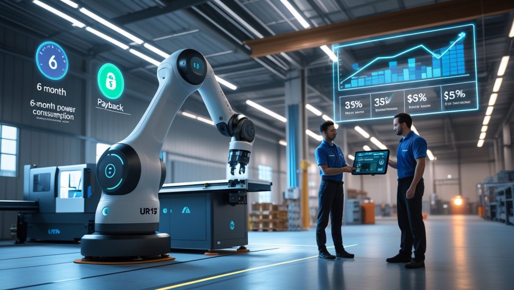 Modern factory floor with a UR15 collaborative robot operating a CNC machine, surrounded by workers using no-code interfaces. The scene highlights energy-efficient automation, fast ROI, and human-robot collaboration for safer, more sustainable manufacturing