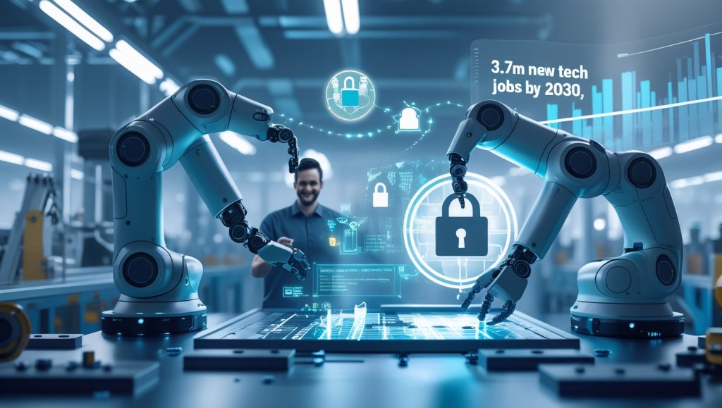 Human technician working alongside a collaborative robot (cobot) on a modern factory floor, symbolizing the balance between automation and employment. Data streams flow from the cobot showing encrypted security, representing GDPR compliance and ethical AI use in 2025.