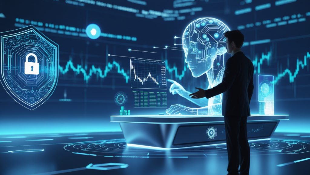 Futuristic crypto trading floor with a human trader reviewing transparent AI algorithm flows, surrounded by holographic security icons and neural network visuals, symbolizing ethical AI use, transparency, and human oversight