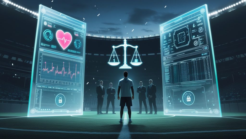 A lone athlete stands between two holographic data panels in a futuristic stadium—one shows biometric and emotion-detection data, the other displays AI decision algorithms. A digital scale of justice floats between them, symbolizing the ethical tension between performance analytics and athlete rights. Shadows of officials watch in the background, highlighting concerns over AI bias, data ownership, and transparency in sports.