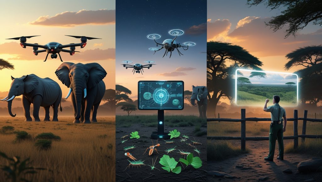 Illustration of robotic drones monitoring large mammals in a savanna, insect-sized robots watching stick insects on the forest floor, and a ranger weighing tech use in conservation, symbolizing ethical debates in robotic environmental monitoring.