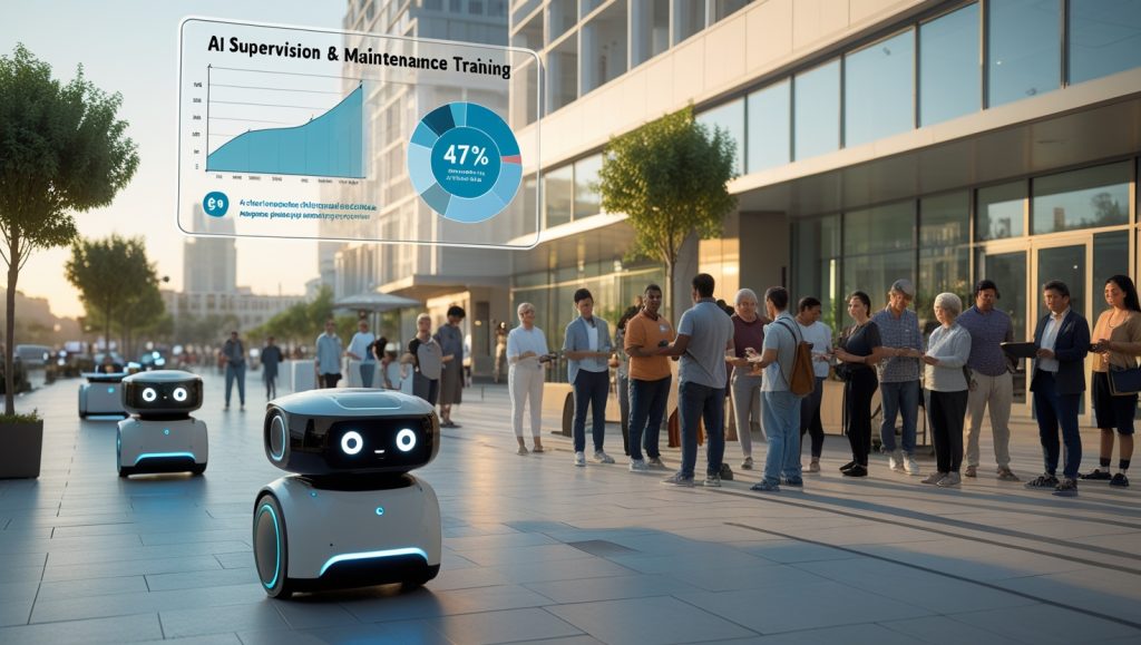 Autonomous delivery robots in a modern city delivering packages, with people attending AI maintenance training and public demos to address job displacement and build trust in robotics.