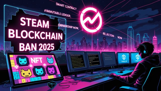 Steam Blockchain Ban 2025 thumbnail showing bold protest theme with red and dark-orange color scheme, symbolizing gamer rebellion and NFT gaming controversy.