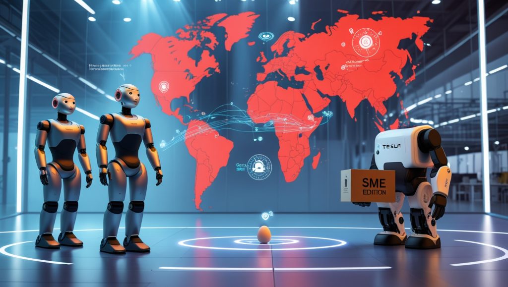 Humanoid robots comparison showing Lenovo Silicon Employee Robot with autonomous AI, Tesla Optimus Gen 2 using teleoperation, and Agibot Genie Operator-1 for SMEs, with a China robotics market dominance background.