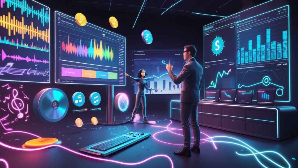 "Futuristic digital music studio with holographic panels showing AI-generated tracks, royalty tokens, licensing icons for YouTube and NFTs, and dashboards tracking music earnings and keyword trends."