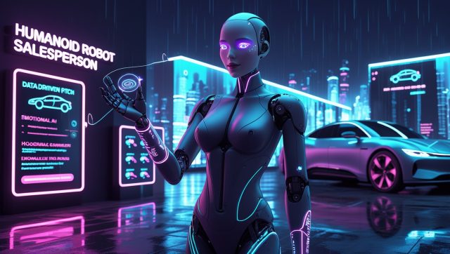 Humanoid Robot Salesperson with a feminine human-like design stands in a neon-lit cyberpunk showroom, presenting a holographic car key beside a futuristic electric vehicle with glowing AR interfaces and AI analytics in the background.