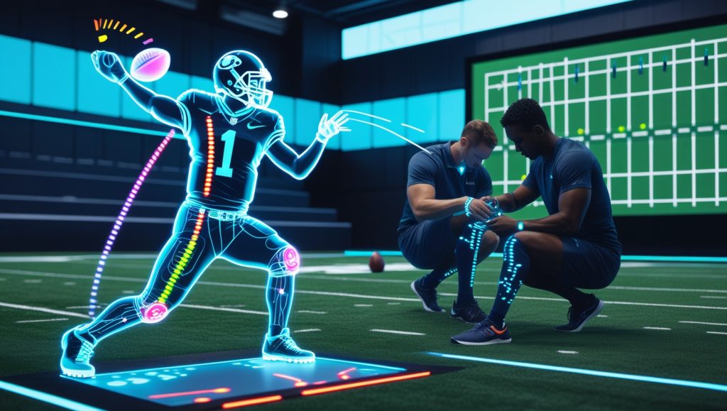 AI-powered sports lab showing a holographic digital athlete analyzing injury risk, with wearables tracking player movement and a screen simulating game scenarios.