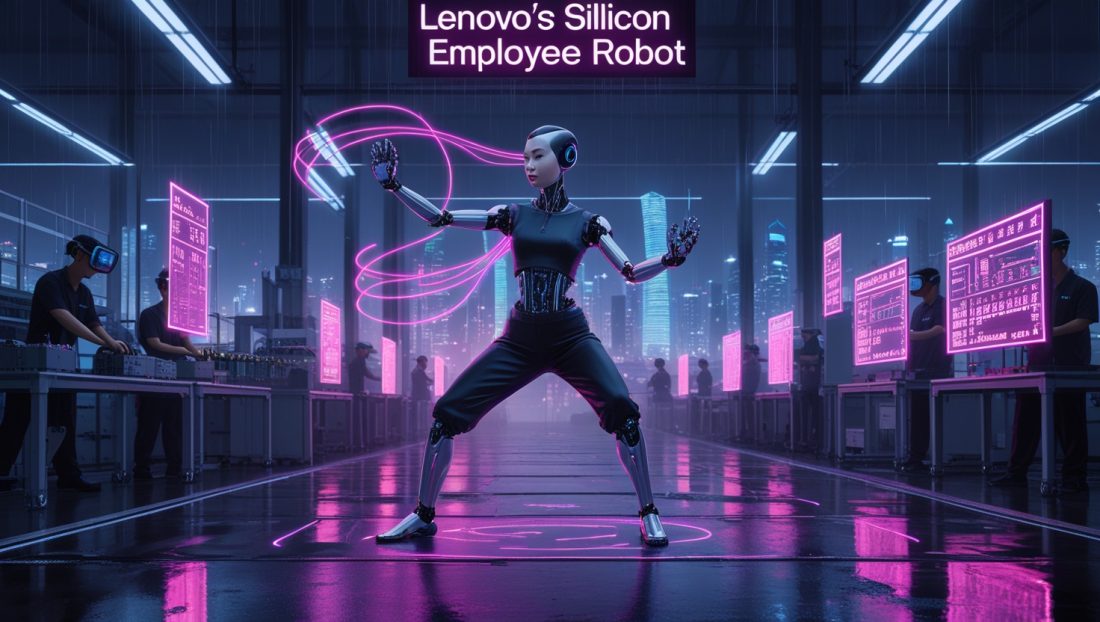 Lenovo’s Silicon Employee Robot Ling performing Tai Chi with AI-powered precision in a Shanghai factory, symbolizing China's leadership in humanoid robotics and the fusion of tradition with advanced automation in 2025.