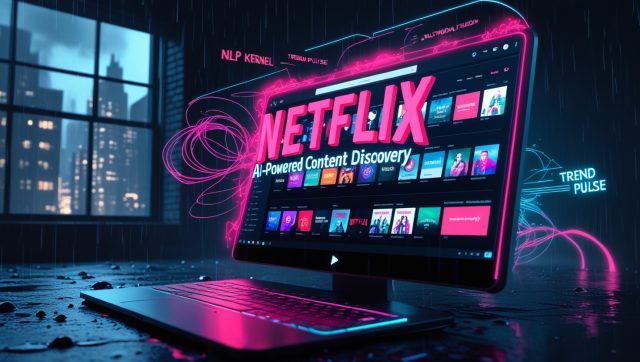 A dark, cyberpunk-style digital scene with deep blues and neon pinks. A glowing laptop or monitor displays the Netflix homepage with the red Netflix logo. On the screen, neon text reads “AI-Powered Content Discovery.” Around the screen, floating code terms like “NLP Kernel,” “Trend Pulse,” and “Multimodal Fusion” appear. The keyboard glows with pink and blue light. The background shows a futuristic loft and a cityscape through the window.