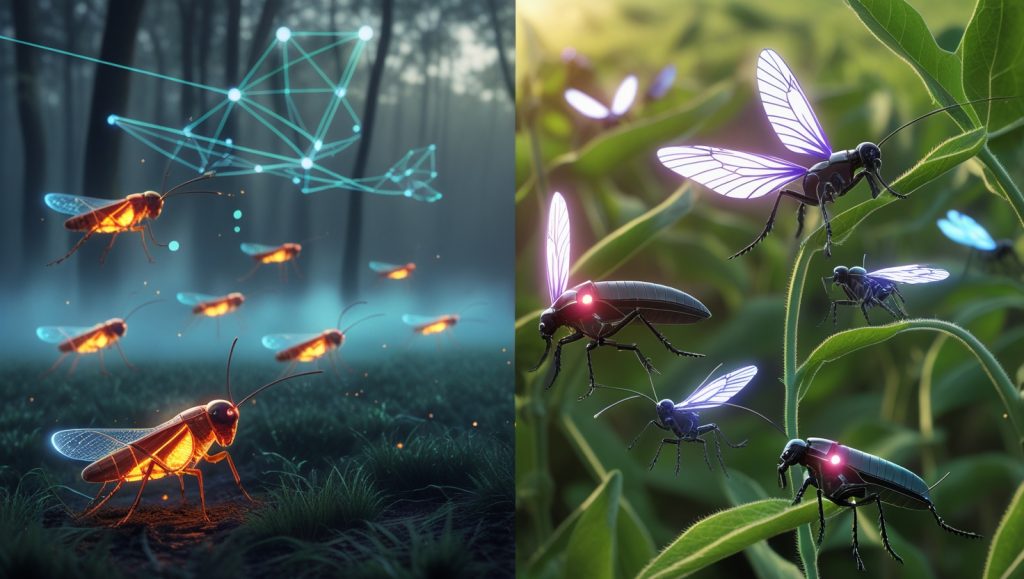 A futuristic scene showing biohybrid grasshoppers with thermal and gas sensors flying over a forest to detect wildfires, transmitting data through mesh networks. Nearby, moths pollinate crops in a soybean field while cyborg beetles apply precise pesticides. The environment blends natural landscapes with advanced insect-mounted technology, highlighting real-time environmental monitoring and sustainable agriculture innovations