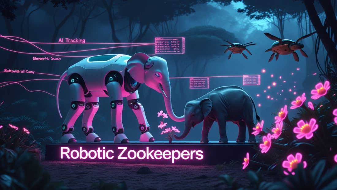 "Robotic Zookeepers" glowing in futuristic neon orange, symbolizing the fusion of technology and nature in wildlife conservation.
