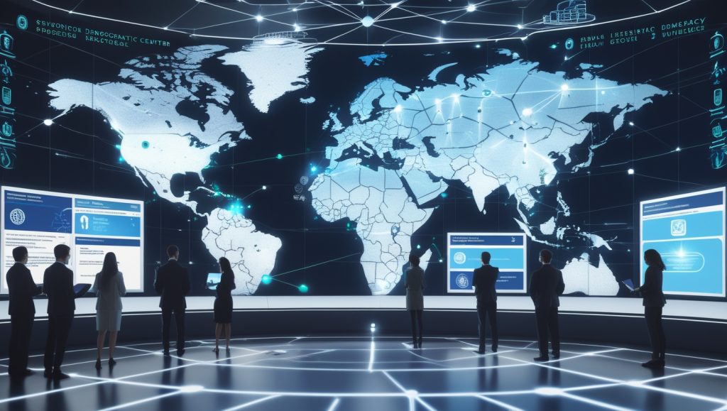 A futuristic digital democracy control center with holographic maps showing global collaboration across 78 countries. Cryptographic watermarks flow across social media icons like Meta and YouTube, while alerts and data streams track AI threats. Citizens report disinformation using smartphones, and verified fact-checks are displayed on national news screens. The scene highlights digital provenance, AI election monitoring, and grassroots media literacy efforts in 2025.