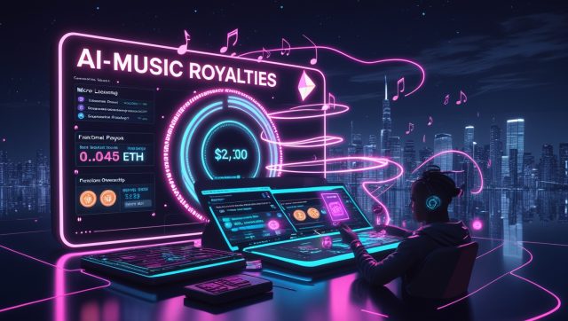 Futuristic neon cityscape with glowing ‘AI Music Royalties’ sign, digital DJ console, streaming data overlays, and micro-content tiles showcasing how creators and investors earn passive income through AI-generated music in 2025
