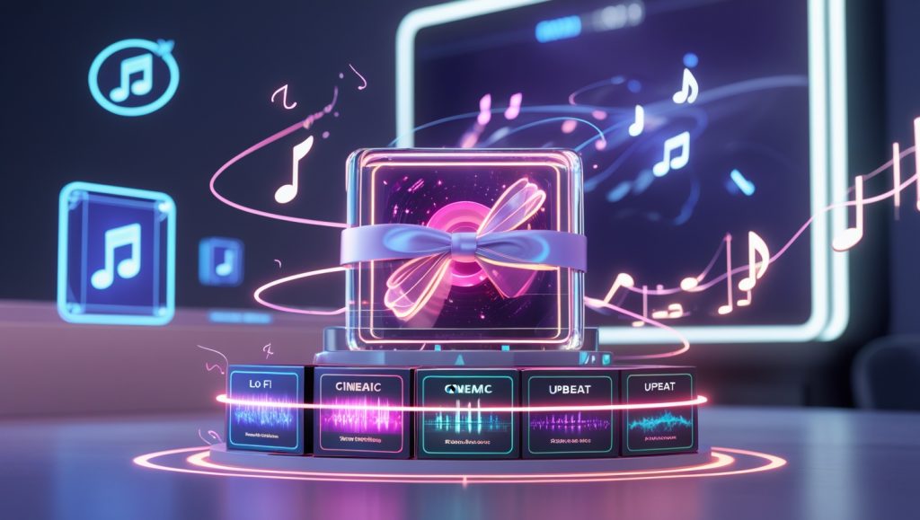 "Futuristic digital storefront displaying bundled AI-generated music loops and genre-based mood tracks, with floating waveforms, holographic marketplace icons like Gumroad and Sellfy, and neon-highlighted audio folders, set in a high-tech studio environment."