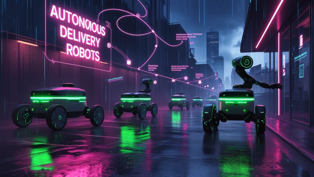 Fleet of autonomous delivery robots with legged-wheeled designs navigating a neon-lit urban street, showcasing last-mile logistics technology in Switzerland’s 2025 smart cities.
