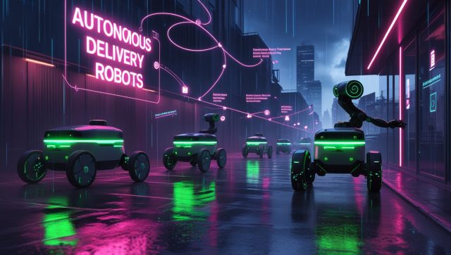 Fleet of autonomous delivery robots with legged-wheeled designs navigating a neon-lit urban street, showcasing last-mile logistics technology in Switzerland’s 2025 smart cities.