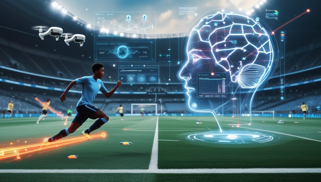 AI-powered sports analytics visualized through a young athlete sprinting with motion data trails, biometric models floating beside him, and a holographic dashboard displaying performance metrics; background features smart cameras, VR training, and global scouting scenes, including Ghanaian fields and digital opponents