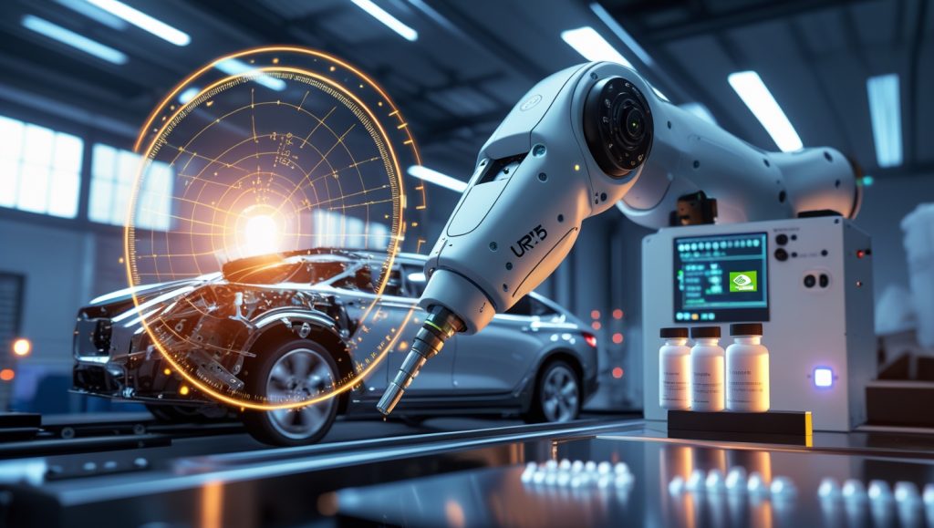 A high-speed UR15 collaborative robot arm operating in an advanced manufacturing environment, performing welding and packaging tasks. Motion blur highlights its 5 m/s speed, while precision sensors and real-time AI vision systems monitor quality. Background includes assembly lines and thermal feedback interfaces.