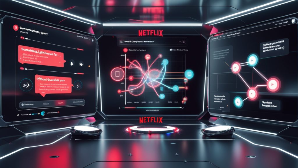 A futuristic Netflix AI control interface showing conversational user queries, real-time feedback loops analyzing viewer behavior, and ethical recommendation paths suggesting diverse content. Glowing holograms display filters for age range, humor style, and content type, all within a sleek red-and-black tech environment.