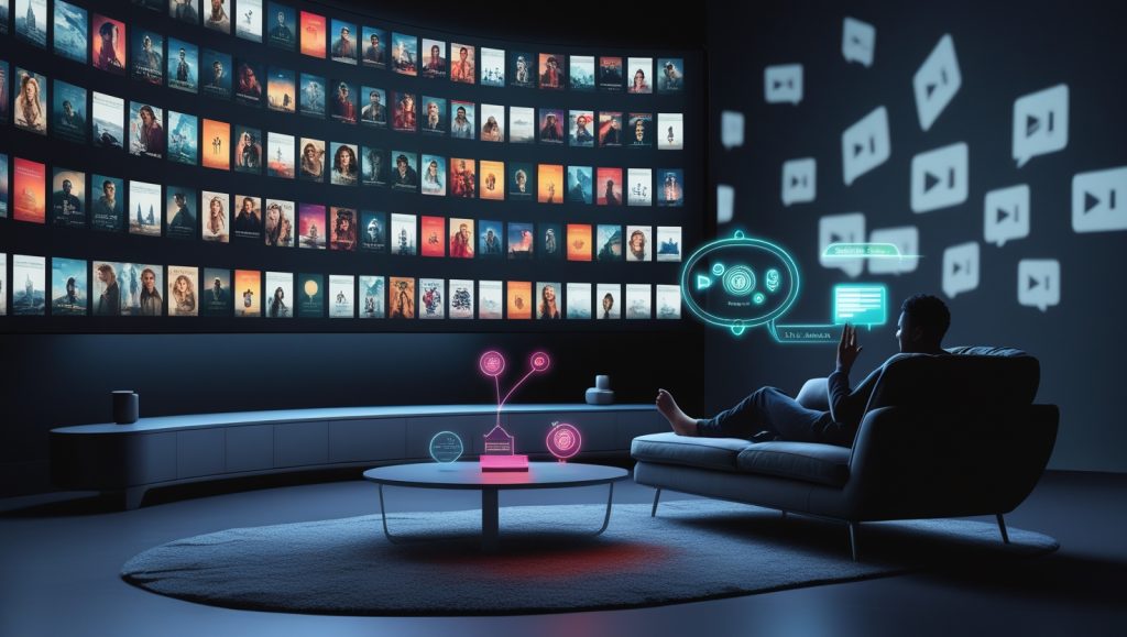 Futuristic living room with a holographic movie search interface, showing an AI parsing a user’s spoken request. Movie posters float on a large screen, symbolizing advanced content discovery in streaming.