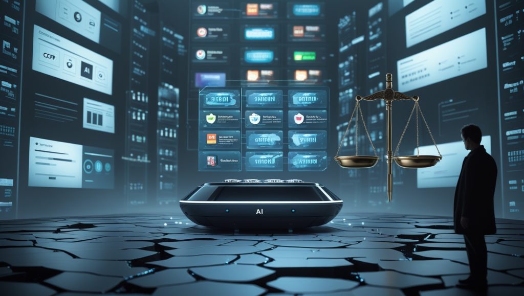 Futuristic control room with AI selecting films, U.S. content highlighted over fading French titles, holograms showing privacy laws and justice scales symbolizing bias and data ethics.