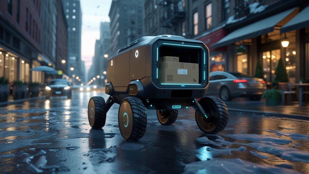 Autonomous delivery robot with legs and wheels navigating a wet urban street, carrying parcels over icy and uneven terrain, highlighting its hybrid mobility and adaptability for last-mile delivery.