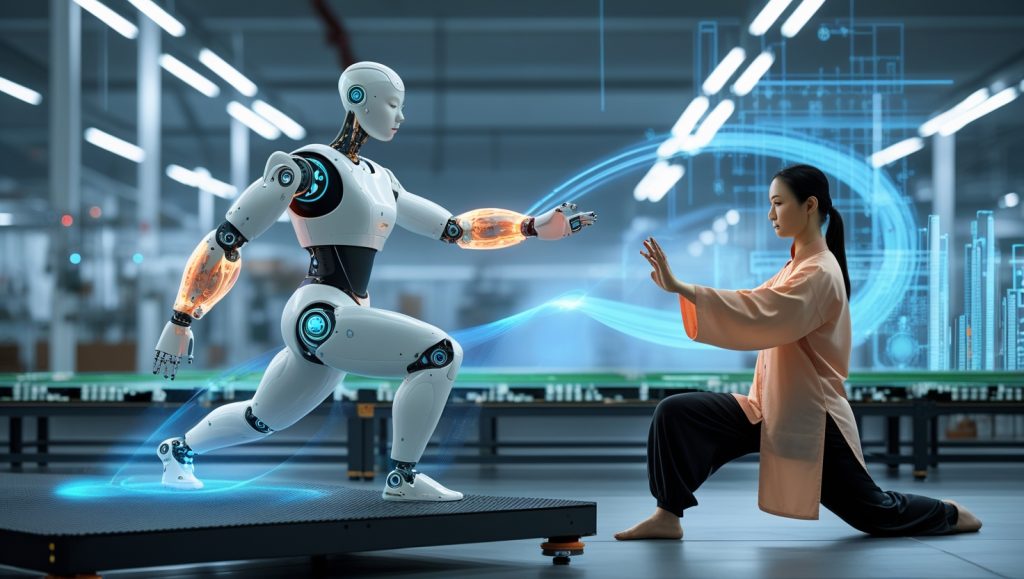 Tai Chi-inspired robot with articulated arms performs precise movements on a modern factory floor, guided by AI and proprioceptive sensors for real-time adaptation during microchip assembly.