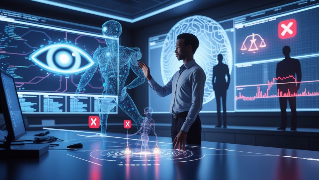 A high-tech cybersecurity command center where a human analyst collaborates with AI systems. Holographic data streams and alert maps glow as the human guides AI away from critical threats. A hospital alert is corrected by human oversight, symbolizing the importance of judgment in AI-driven environments