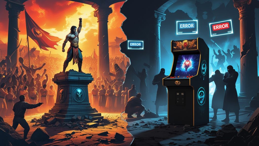 Visual representation of Mortal Kombat 1's rise and fall, featuring a split arena with a victorious warrior on one side and a decaying battleground on the other, symbolizing the game's praised launch and controversial Definitive Edition release