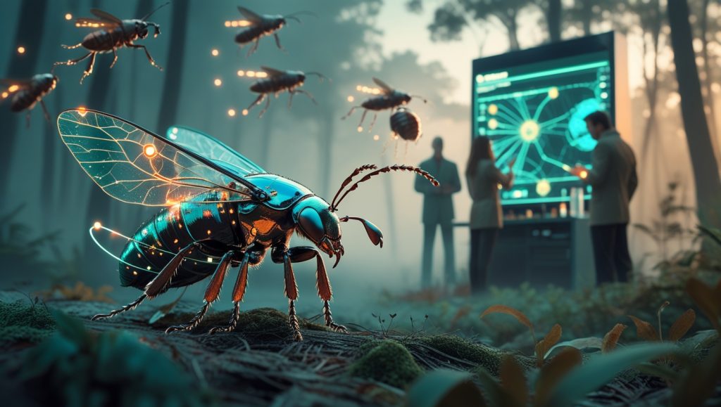 Biohybrid insect with metallic wings and embedded sensors flies through a forest with a swarm of enhanced insects, monitored by researchers in a high-tech field lab, symbolizing the fusion of nature and robotics for environmental monitoring